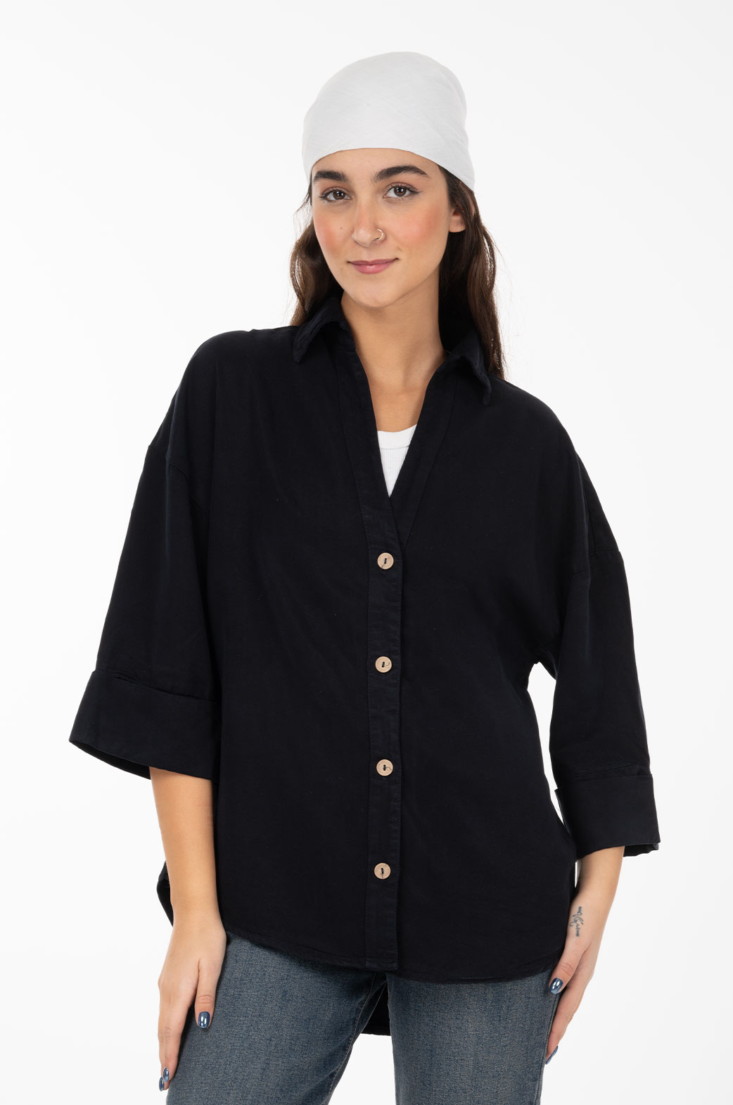 شومیز سیلک آستین پاکتی بدون جیب گرم 2 قد 70 سرمه ای