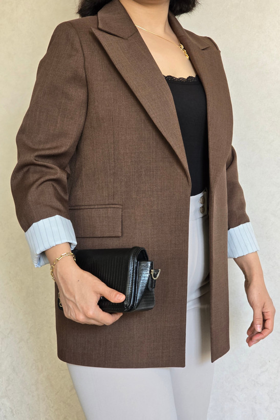 کت زنانه جنیکا مدل زارا پارچه کارتیه رنگ قهوه ای یقه بلیزر